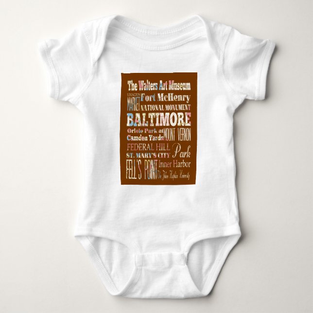 typography, souveneir, maryland, baltimore, memory baby bodysuit (Front)