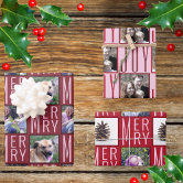 Christmas Photo Collage Holiday Red Newspaper Wrapping Paper