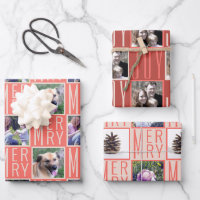 Typography Square Photos Coral Pink Cute Retro Wrapping Paper Sheets