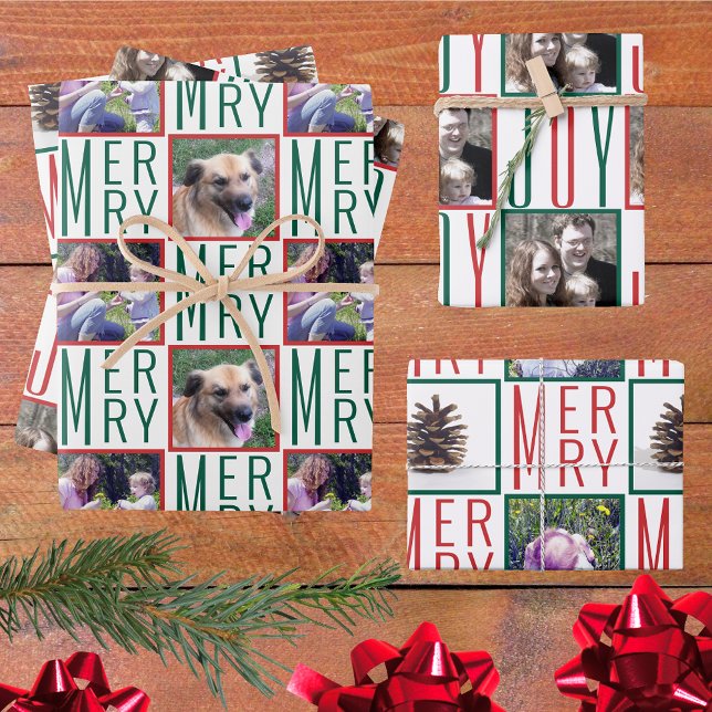 Typography Square Photos Red Green And White Wrapping Paper Sheets (Creator Uploaded)