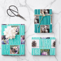 Typography Square Photos Turquoise Cute Retro Wrapping Paper Sheets