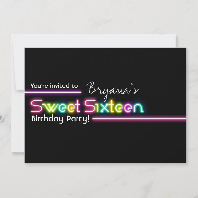 Typography SWEET 16 Neon Glow Dance Party Invite (Front)