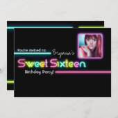 Typography SWEET 16 Neon Glow PHOTO Party Invite (Front/Back)