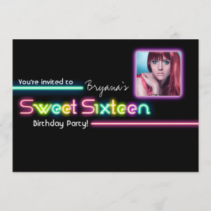 Typography SWEET 16 Neon Glow PHOTO Party Invite