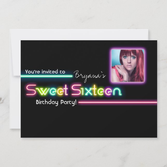 Typography SWEET 16 Neon Glow PHOTO Party Invite (Front)