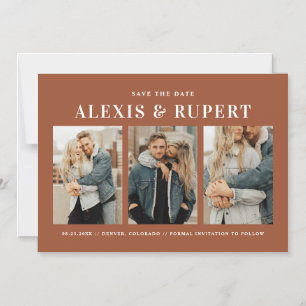 Typography Terracotta Three Photo Save the Date Magnetic Invitation