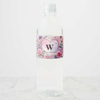 Typography text floral hearts romantic watercolor water bottle label