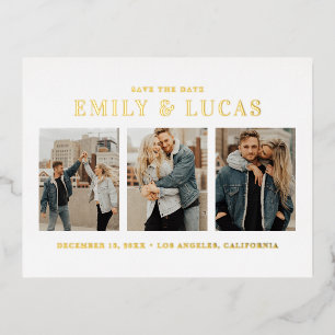 Typography Three Photo Collage Save The Date Foil Invitation Postcard