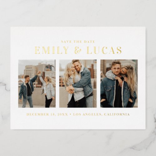 Typography Three Photo Collage Save The Date Foil Invitation Postcard