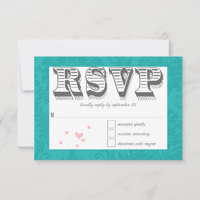 Typography Turquoise and Pink Damask Wedding RSVP Card (Front)