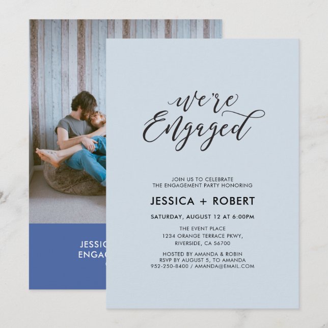 Typography "We're Engaged" Photo Engagement Party Invitation (Front/Back)