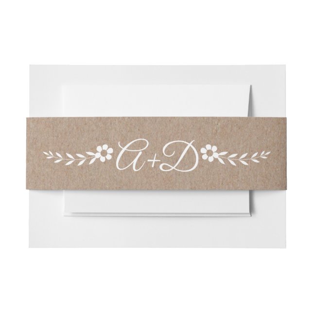 Typography, white flowers, initials rustic wedding invitation belly band (Front Example)