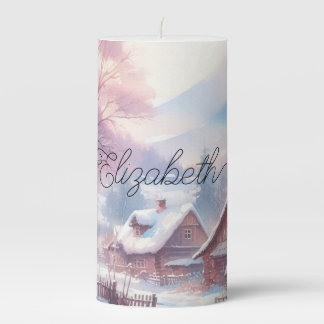 Typography Winter Scenery Cottage Watercolor Pillar Candle