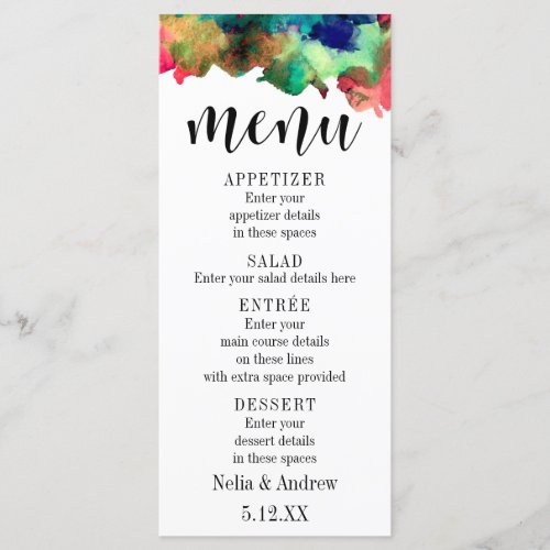 Typography with Colorful Watercolor Wedding Menu