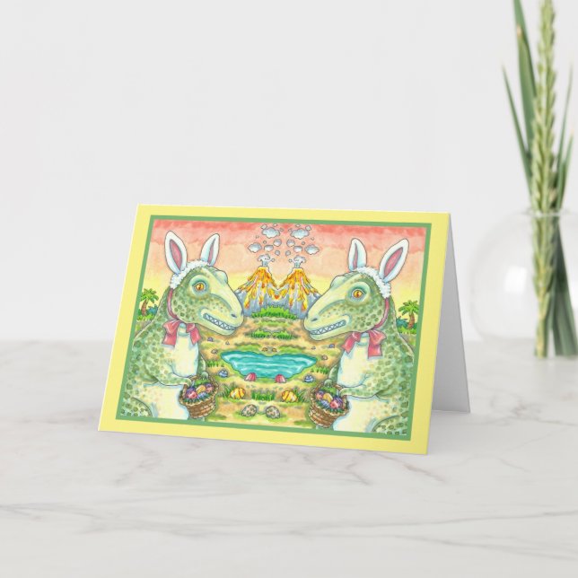 TYRANNOSAURUS,  CUTE T-REX, EASTER BUNNY DINO HOLIDAY CARD (Front)