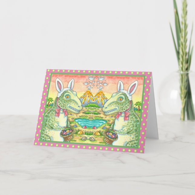 TYRANNOSAURUS,  CUTE T-REX, EASTER BUNNY DINO HOLIDAY CARD (Front)