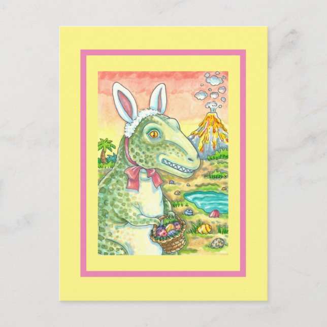 TYRANNOSAURUS,  CUTE T-REX, EASTER BUNNY DINO HOLIDAY POSTCARD (Front)