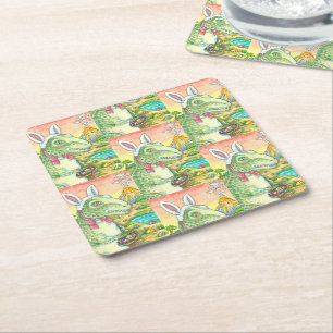 TYRANNOSAURUS, CUTE T-REX, EASTER BUNNY DINO SQUARE PAPER COASTER