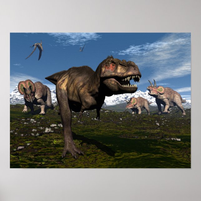 Tyrannosaurus rex attacked by triceratops dinosaur poster (Front)