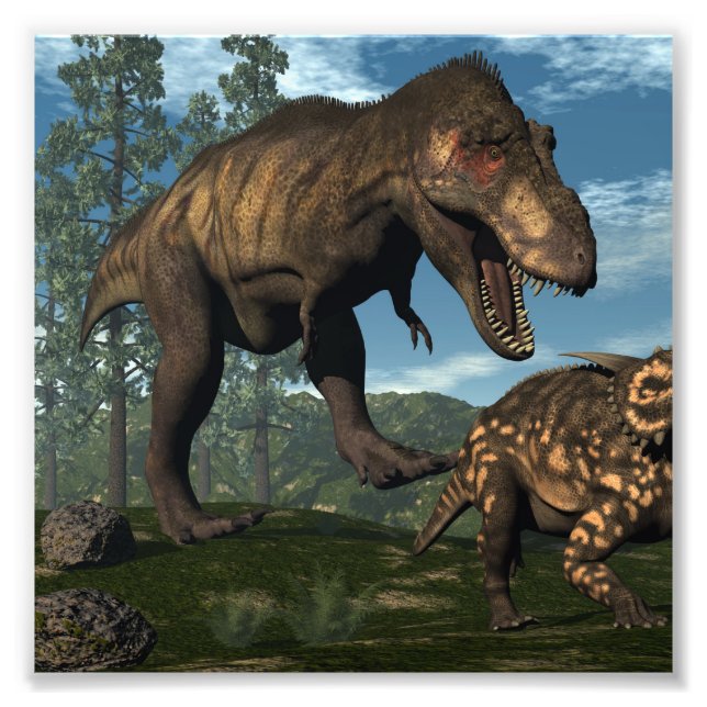 Tyrannosaurus rex attacking einiosaurus dinosaur photo print (Front)