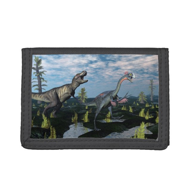 Tyrannosaurus rex attacking gigantoraptor dinosaur trifold wallet (Front)
