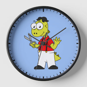 Tyrannosaurus Rex Barber With Scissors. Clock
