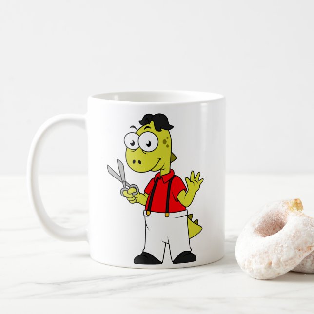 Tyrannosaurus Rex Barber With Scissors. Coffee Mug (With Donut)