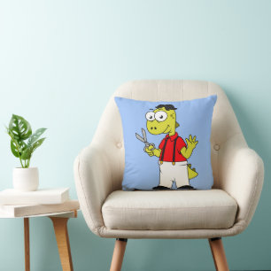 Tyrannosaurus Rex Barber With Scissors. Throw Pillow