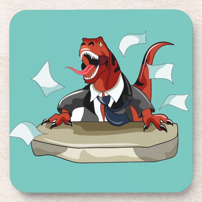 Tyrannosaurus Rex Boss Sitting At A Desk. Beverage Coaster (Front)