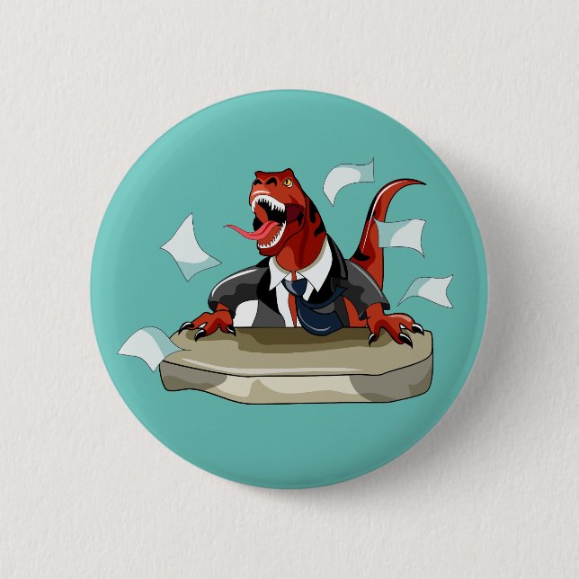 Tyrannosaurus Rex Boss Sitting At A Desk. Button (Front)