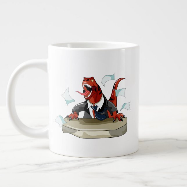 Tyrannosaurus Rex Boss Sitting At A Desk. Giant Coffee Mug (Left)