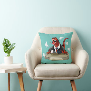 Tyrannosaurus Rex Boss Sitting At A Desk. Throw Pillow