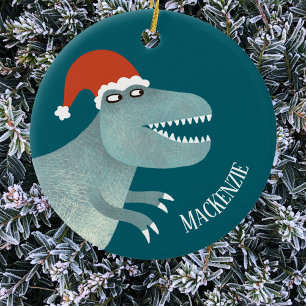 Tyrannosaurus Rex Christmas Santa Hat Personalized Ceramic Ornament