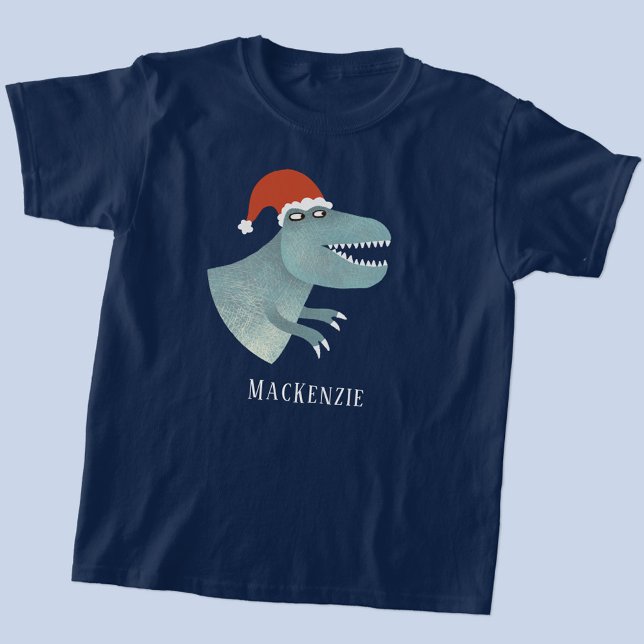 Tyrannosaurus Rex Christmas Santa Hat Personalized T-Shirt (Fun personalized name text Tyrannosaurus Rex in a Christmas Santa hat t-shirt)