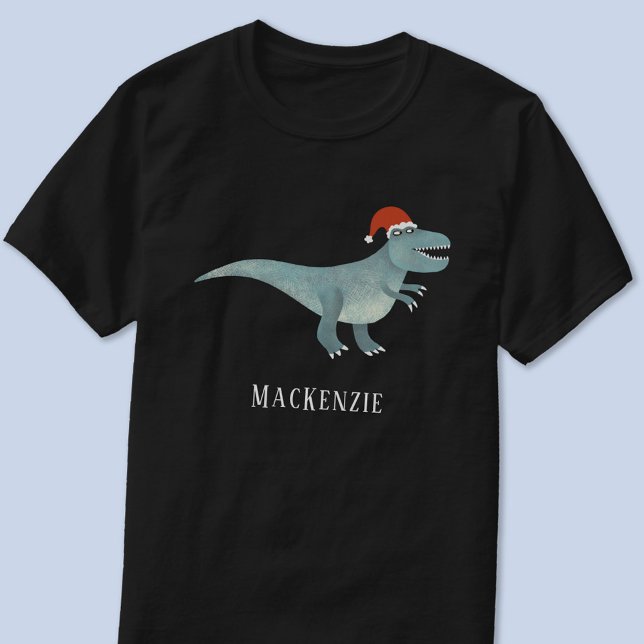 Tyrannosaurus Rex Christmas Santa Hat Personalized T-Shirt (Fun personalized name text Tyrannosaurus Rex in a Christmas Santa hat t-shirt)