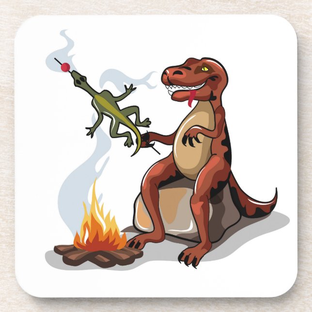 Tyrannosaurus Rex Cooking Food Over A Campfire. Beverage Coaster (Front)