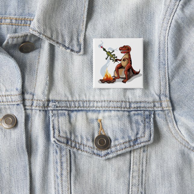 Tyrannosaurus Rex Cooking Food Over A Campfire. Button (In Situ)