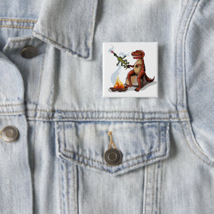 Tyrannosaurus Rex Cooking Food Over A Campfire. Button