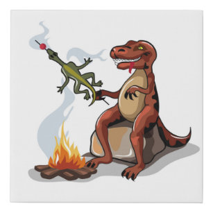 Tyrannosaurus Rex Cooking Food Over A Campfire. Faux Canvas Print