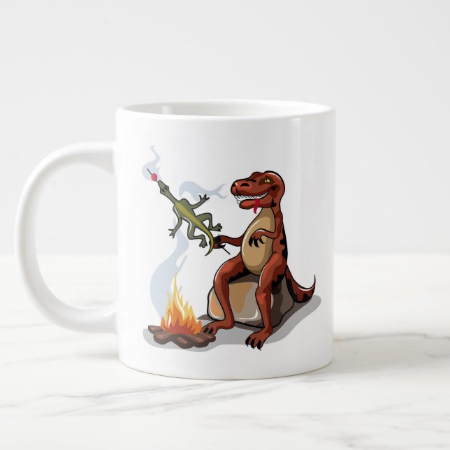 Tyrannosaurus Rex Cooking Food Over A Campfire. Giant Coffee Mug (Left)