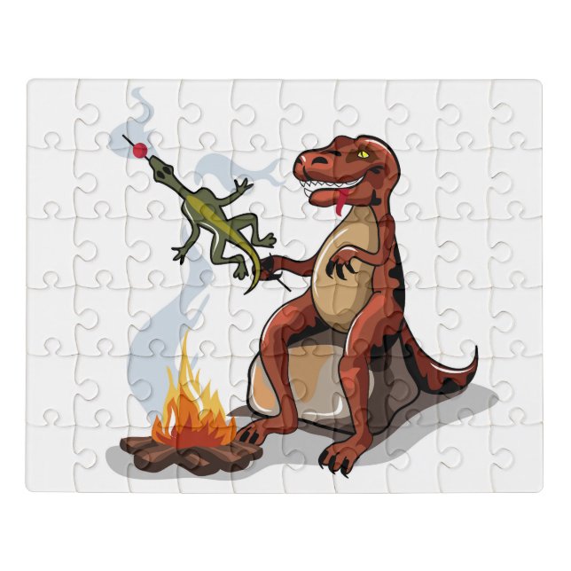 Tyrannosaurus Rex Cooking Food Over A Campfire. Jigsaw Puzzle (Puzzle Horizontal)