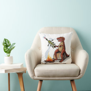 Tyrannosaurus Rex Cooking Food Over A Campfire. Throw Pillow