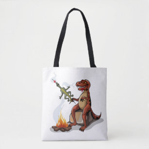 Tyrannosaurus Rex Cooking Food Over A Campfire. Tote Bag