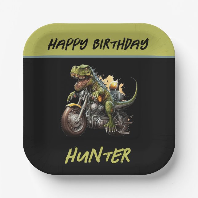 Tyrannosaurus Rex Dinosaur Motorcycle Birthday Paper Plates (Front)