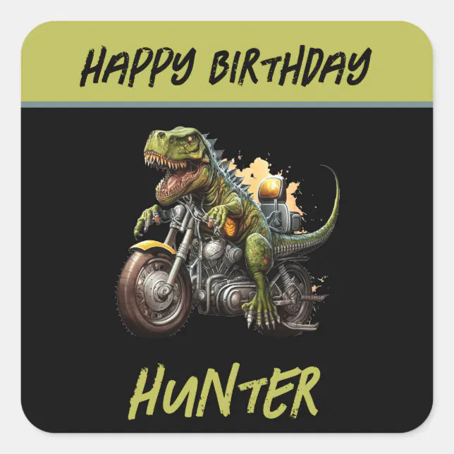 Rex Racer Birthday Tyrannosaurus Rex Dinosaur Motorcycle Birthday Square Sticker | Zazzle