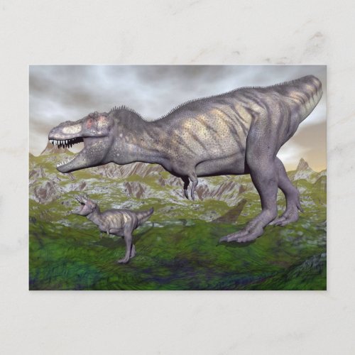 Tyrannosaurus rex dinosaur mum and baby_ 3D render Postcard