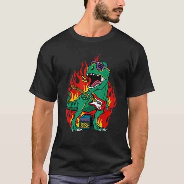Tyrannosaurus Rex Dinosaur Playing Rock Guitar T R T-Shirt (Front)