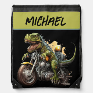 Tyrannosaurus Rex Dinosaur Riding a Motorcycle Drawstring Bag