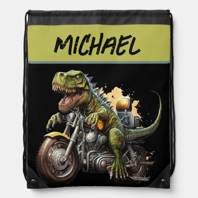 Tyrannosaurus Rex Dinosaur Riding a Motorcycle Drawstring Bag (Front)