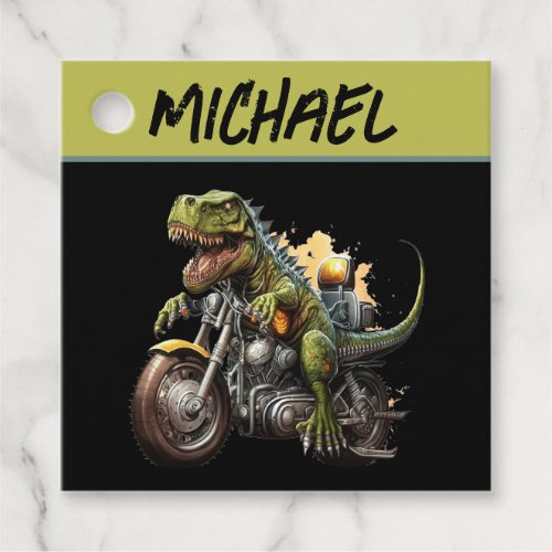 Tyrannosaurus Rex Dinosaur Riding a Motorcycle Favor Tags